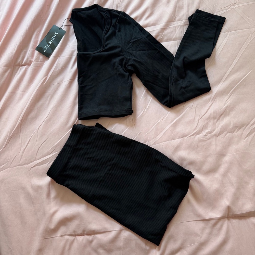 Black Ribbed 2 Piece Set Long Sleeve Crop Top Midi Skirt Large 8/10